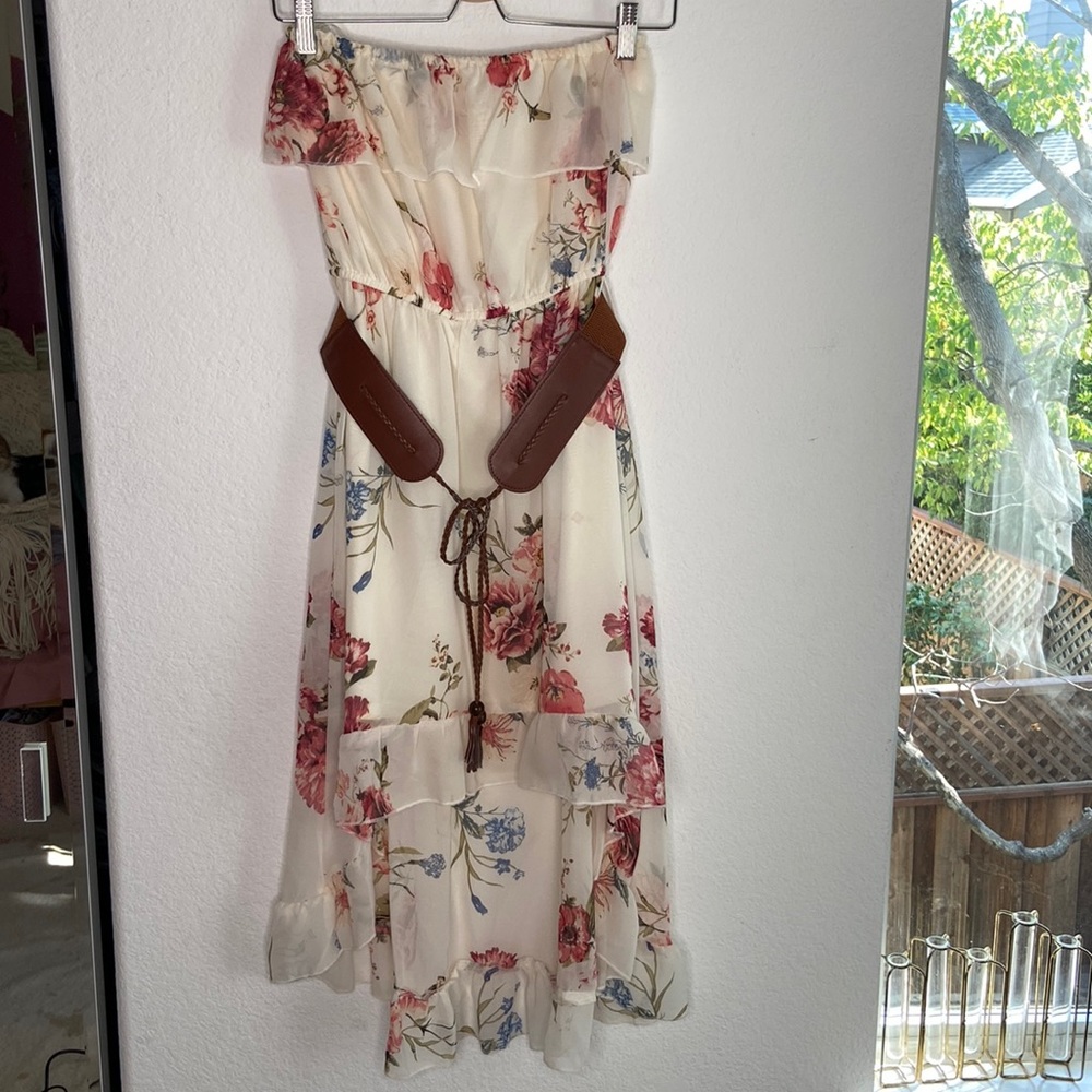 Strapless floral, a-line midi dress with belt size M